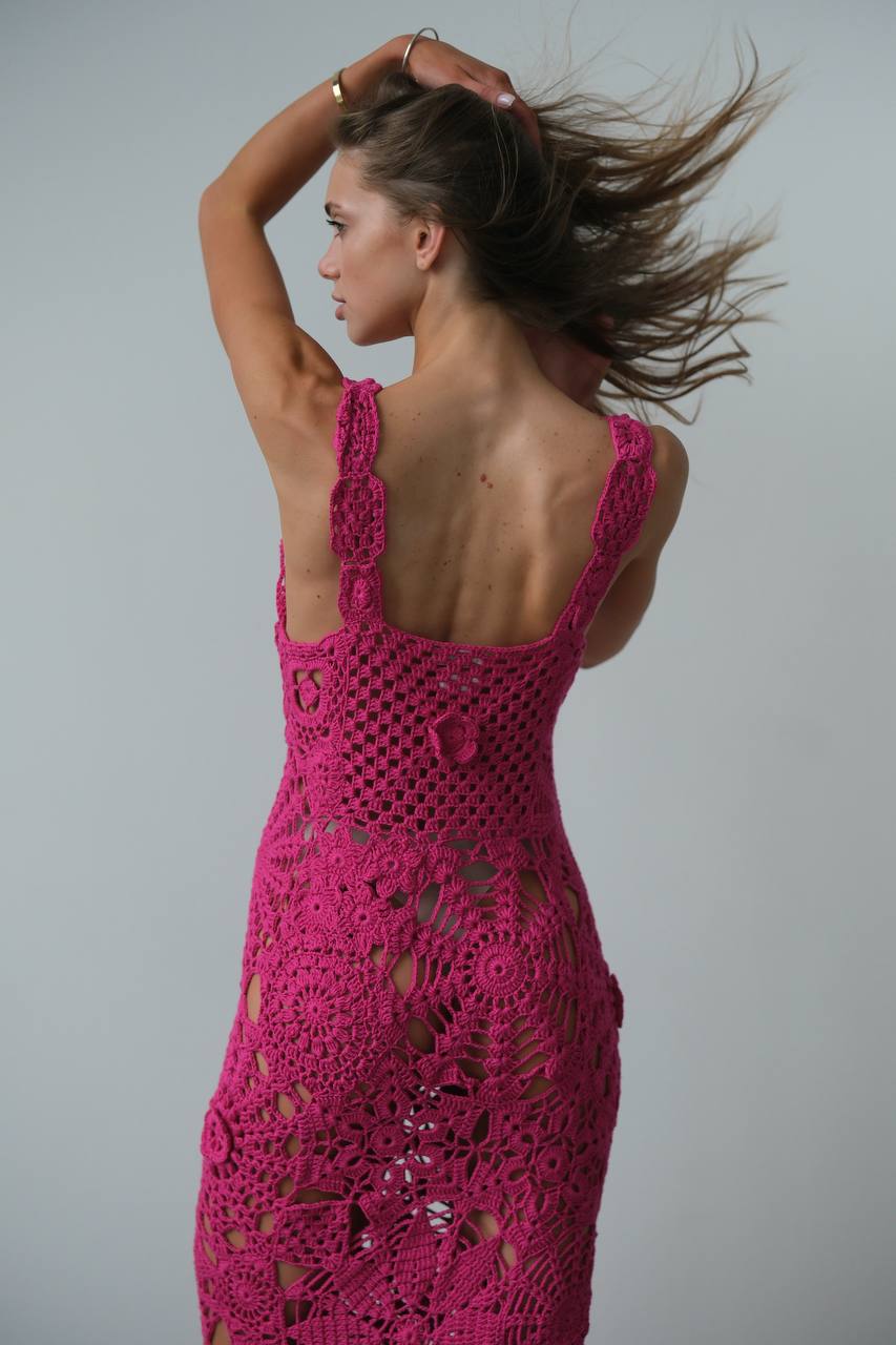 Pink crochet hotsell midi dress